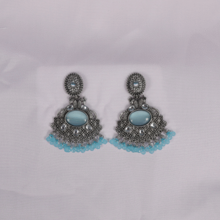 Oxidized Silver Look Square Stud Jhumka Earrings with Beaded Drop