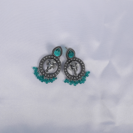 Geometric Square Stud Jhumka Earrings with Colorful Beaded Bell