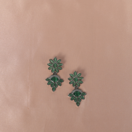 Antique Dome Jhumka Earrings with Large Stone and Bead Fringe