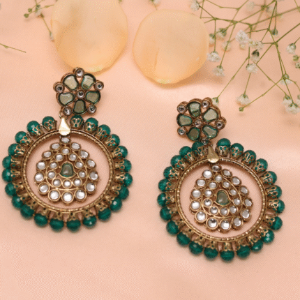 Grand Polki Stone Sunburst Dangler Earrings in Antique Silver Tone