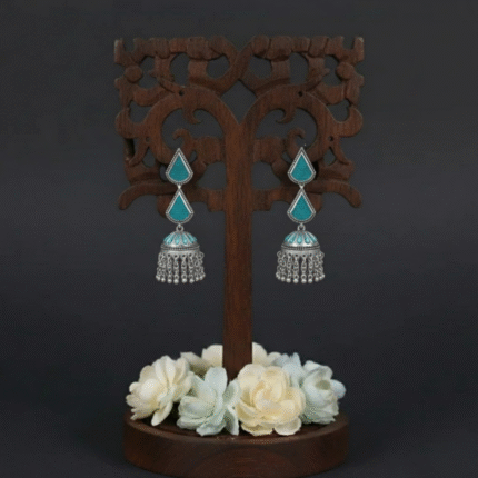 Oxidized Square Stone Jhumka Earrings with Beaded Bell Drop