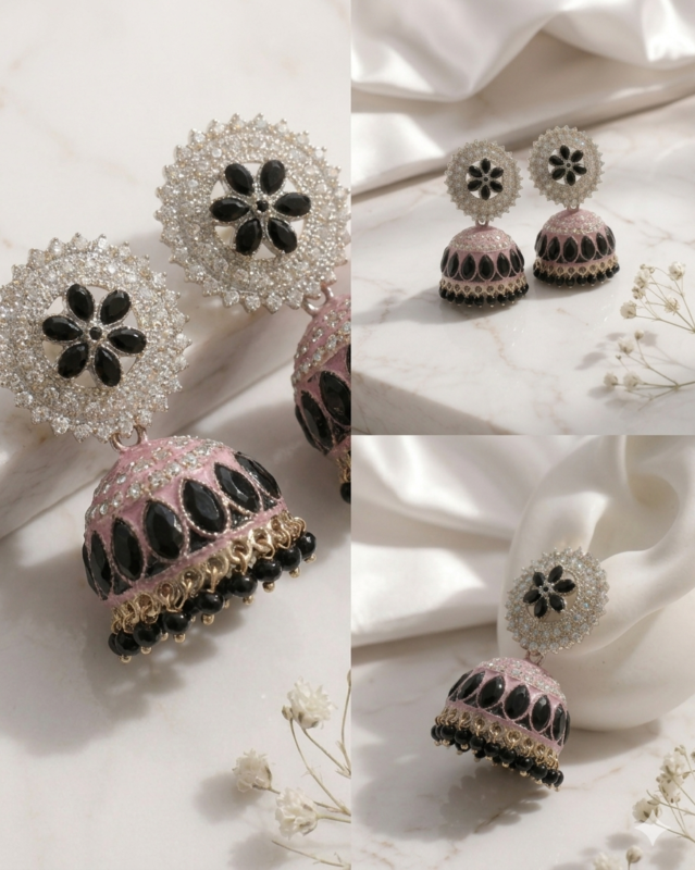 Premium party wear ethnic jhumka earrings black pink color